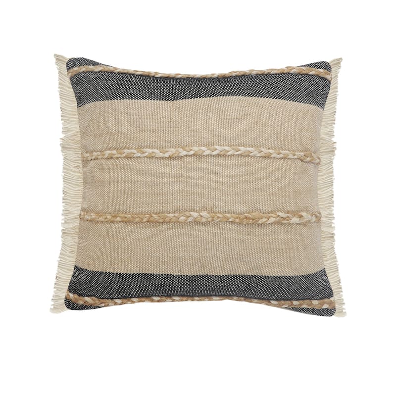 Sevita Atlantis Black and Taupe Throw Pillow with Jute Braiding and Fringe