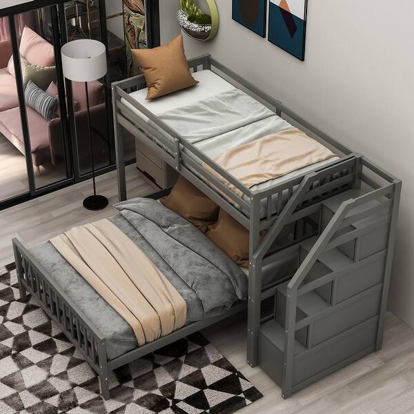 slide 2 of 9, Twin Over Full Bunk Bed with Storage Stairs, Wooden Stairway Bunk Bed L-shaped Bunkbeds Frame, Twin Loft Bed w/Full Platform Bed Gray - Full