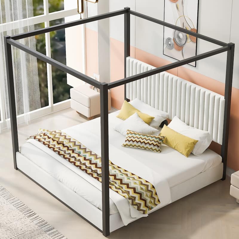 Canopy Bed, Low Profile Platform Bed with Striped Upholstered Headboard Wingback Bed Metal Four Poster Bed Frame, Grounded Bed - Black White - King