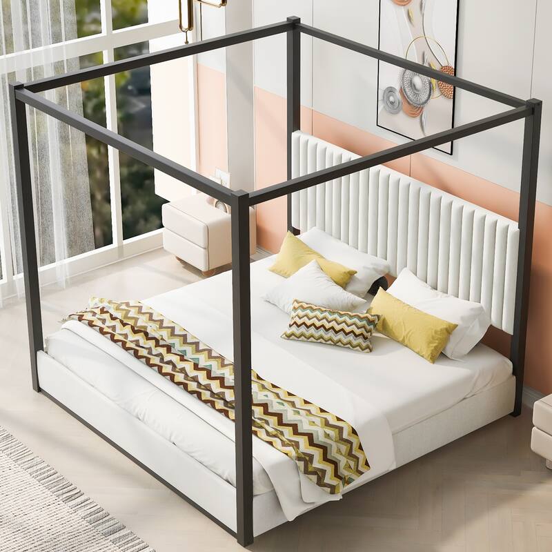 Platform Bed Canopy Bed Velvet Upholstery Bed with Vertical Stripes Headboard and Wood Slat Support No Box Spring Needed