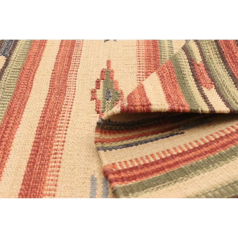 ECARPETGALLERY Flat-weave Bold and Colorful Cream, Olive Wool Kilim - 2'0 x 3'0