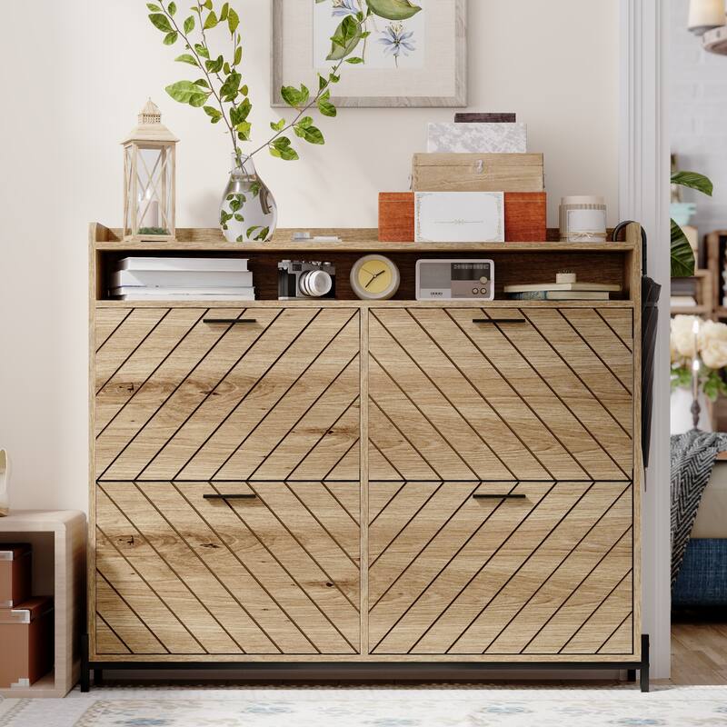 Freestanding Shoe Cabinet with 4 Flip Drawers, Hidden Narrow Shoe Rack with Open Storage, Shoe Storage Cabinet for Entryway