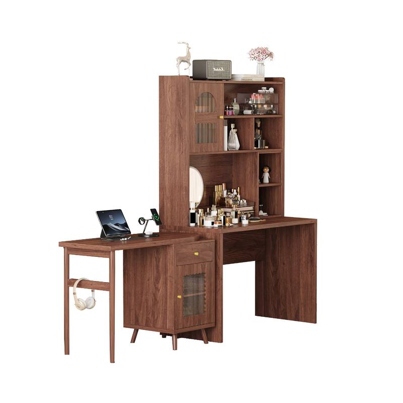 Computer Desk with 90 Degree Rotating Desktop, 43x70 Inch Office Desk with Storage Drawer and Cabinets