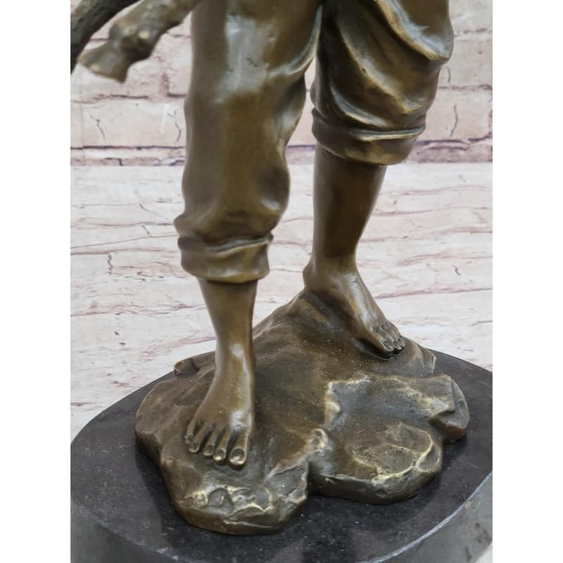 Real Bronze Metal Statue On Marble Base Young Farm Boy His Sheep Sculpture
