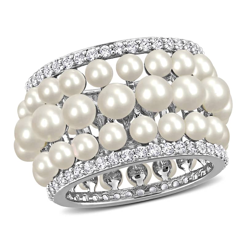 Miadora White Cultured Freshwater Pearl and 1-3/5ct TGW Created White Sapphire Multi-row Ring in Sterling Silver
