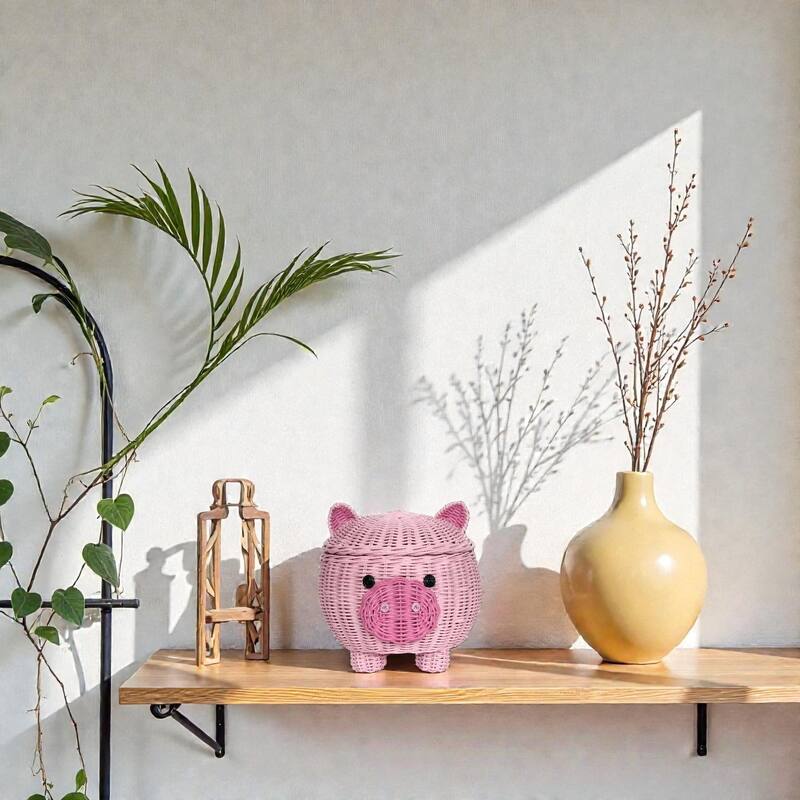 Large Pig Rattan Storage Basket With Lid Hand Woven Shelf Organizer Handmade Gift Cute Piggy Wicker