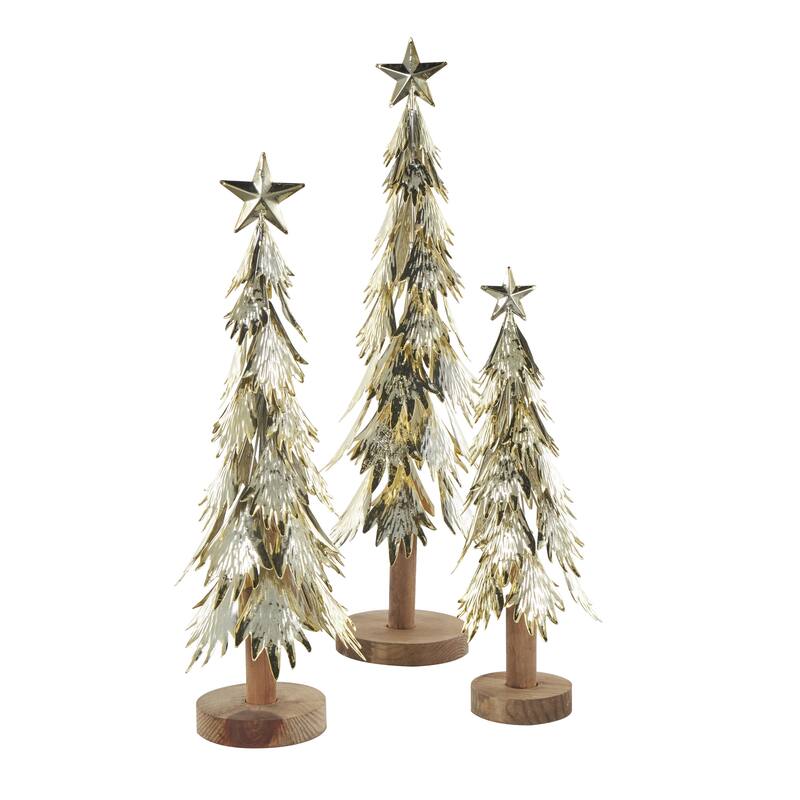 Metal Tree Holiday Layered Branch Christmas Sculpture with Wooden Base and Star Topper - Set of 3 Gold - Roche River Decor
