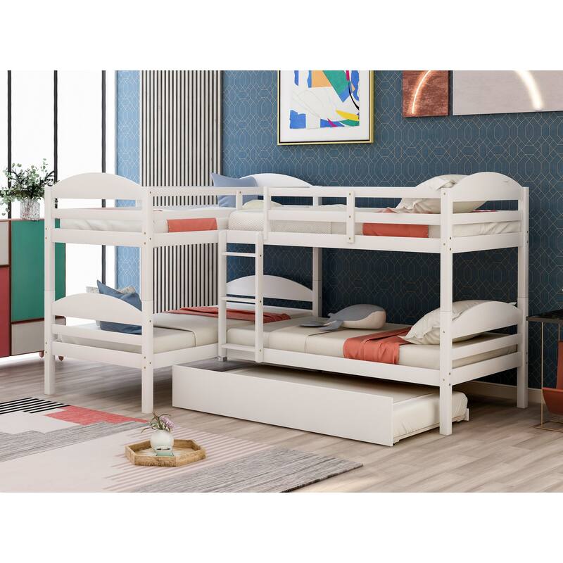 Twin Over Twin Triple Bunk Bed with Trundle Bed, L-Shaped Bunk Bed with Ladder, Wooden Bunkbed Frame for 4 Kids Boys Girls Teens - White - Twin