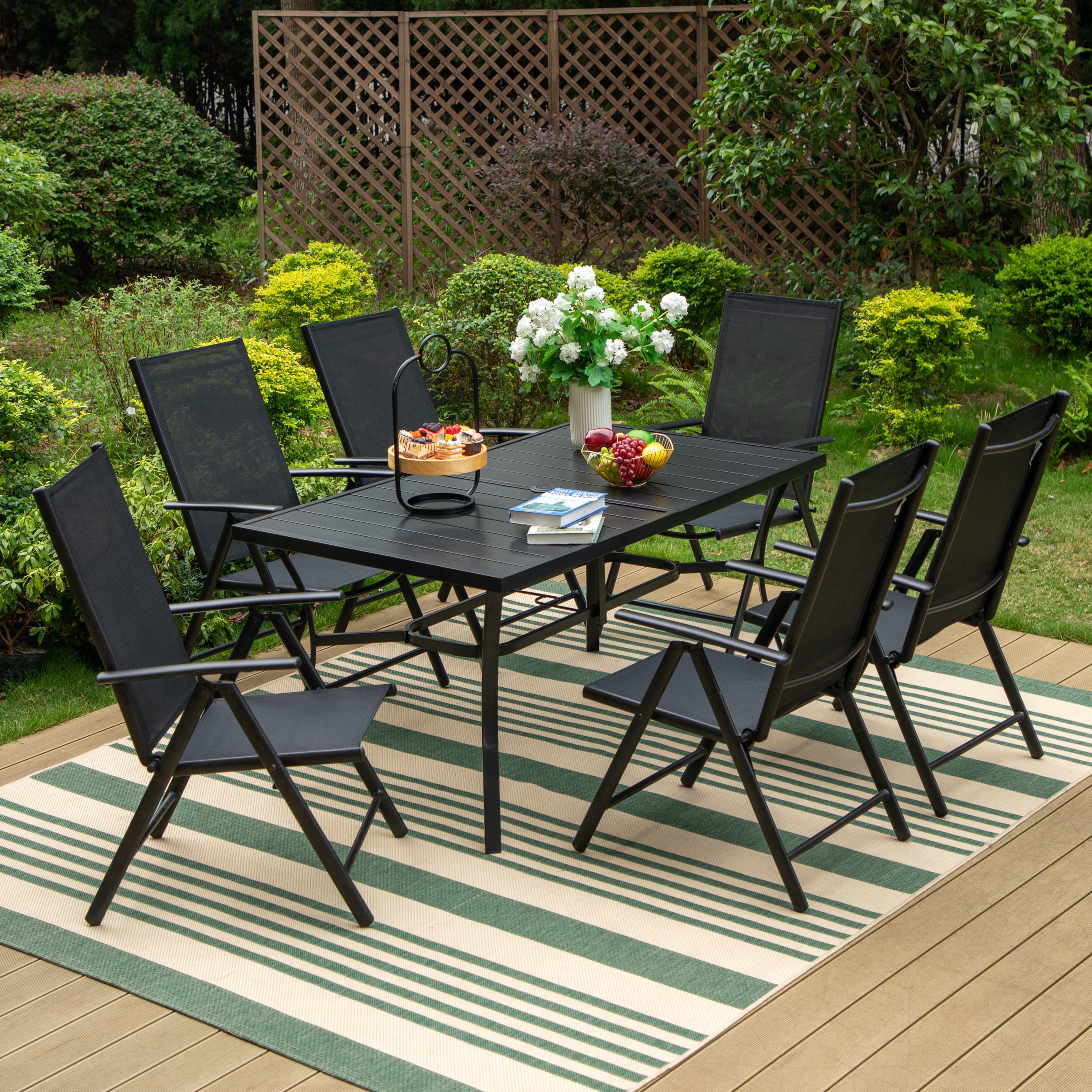 MAISON ARTS Outdoor 5/7 Pieces Patio Dining Set, 7-positon Reclining Folding Sling Chair & E-Coating Metal Steel Table