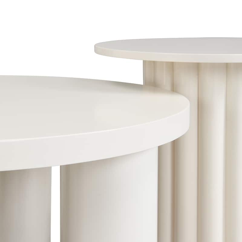 Roomfitters Modern Round Coffee Table Set of 2 with Cylindrical Legs and Matching End Table for Living Room, White