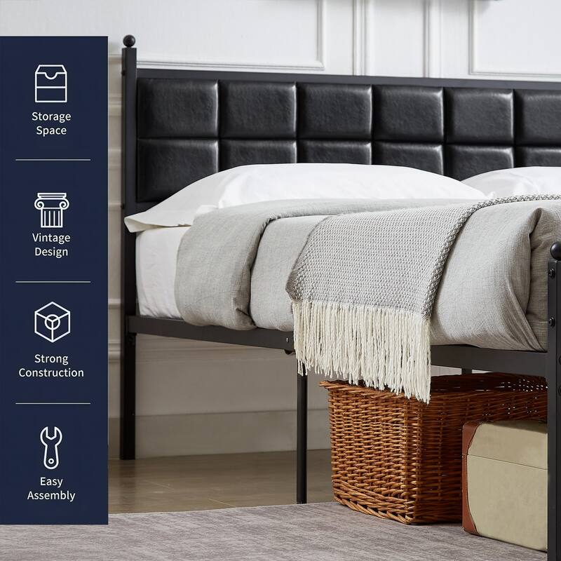 Javlergo Metal Platform Bed Frame Black PU Leather Square Tufted Bed Heavy-Duty Metal Bed Frame No Box Spring Needed