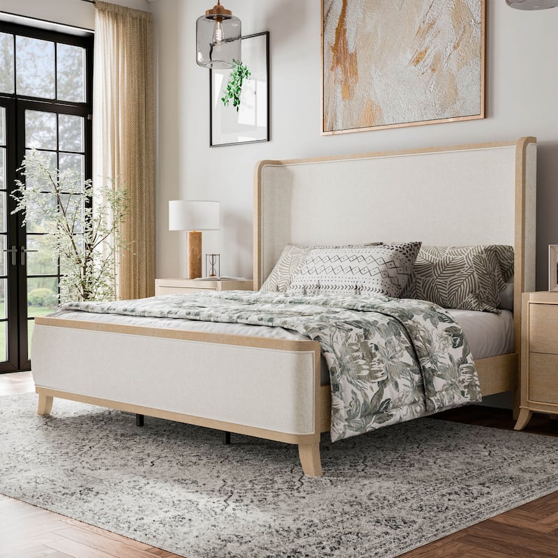 Furniture of America Kian Natural Oak Solid Wood Panel Bed with High Wingback Headboard - King