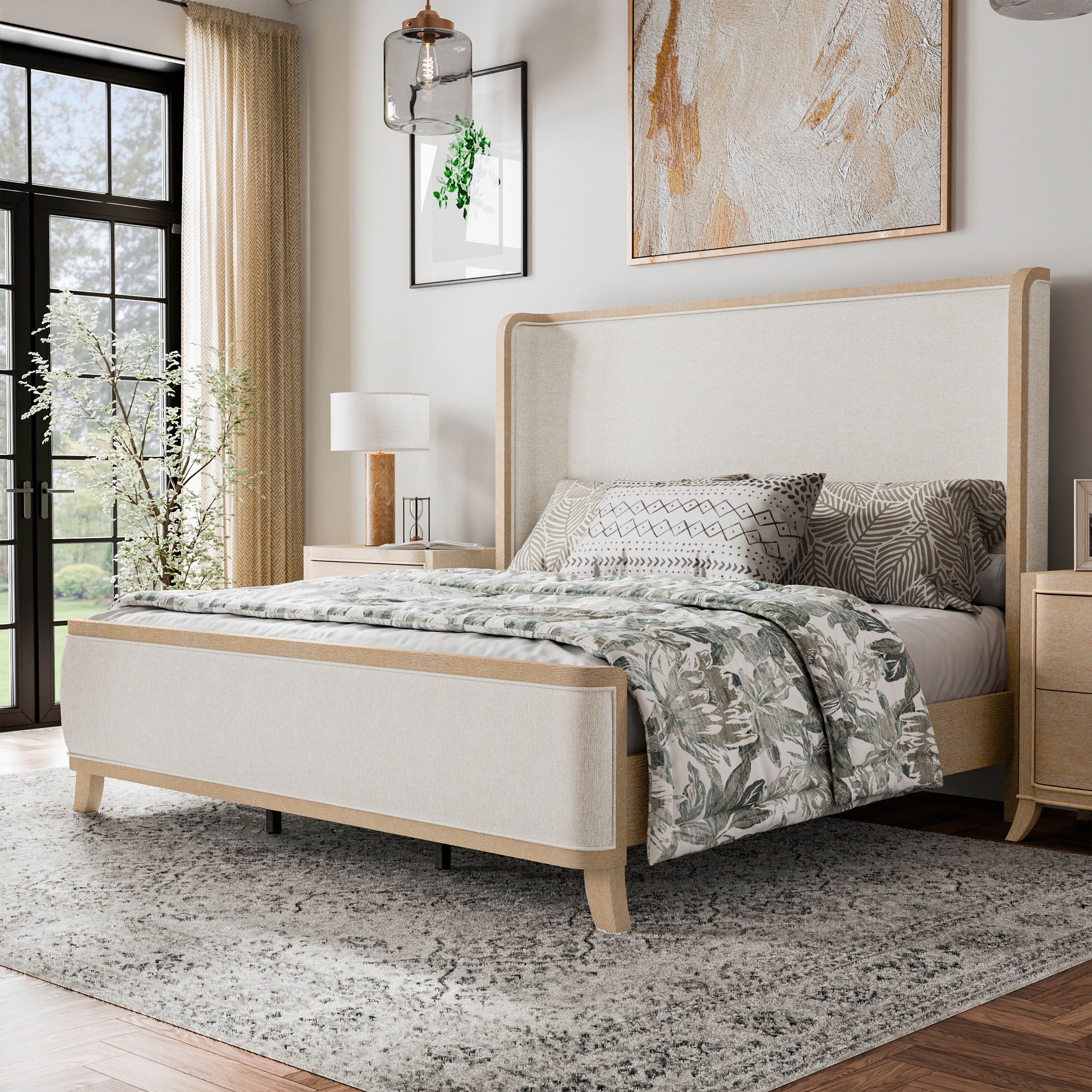 Furniture of America Kian Natural Oak Solid Wood Panel Bed with High Wingback Headboard