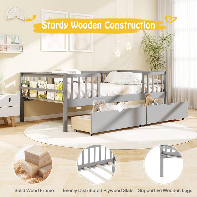 Gymax Twin Size Kids Bed w/Storage 2 Pull-out Drawers Side Shelf for