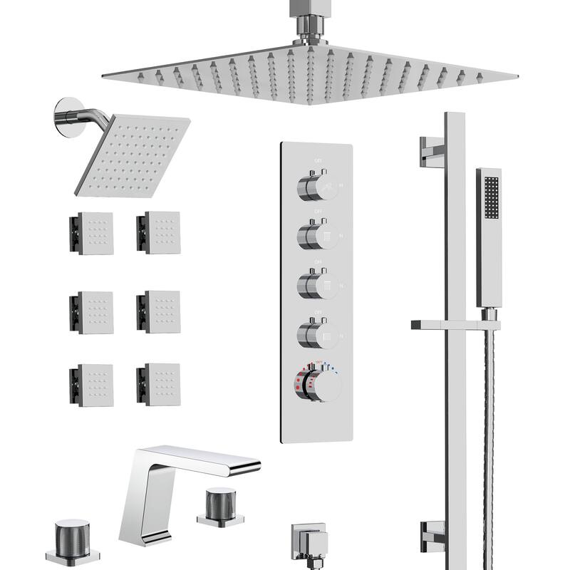 GRANDJOY Dual Shower Heads 16" Rainfall Shower System with 2-Handle Bathroom Sink Faucet Combo Set - Chrome