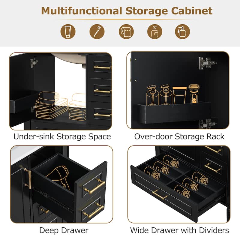 30" Freestanding Single Sink Storage Cabinet Bathroom Vanity with Gold Handles, Groove Decoration and Overflow Drain Protectio