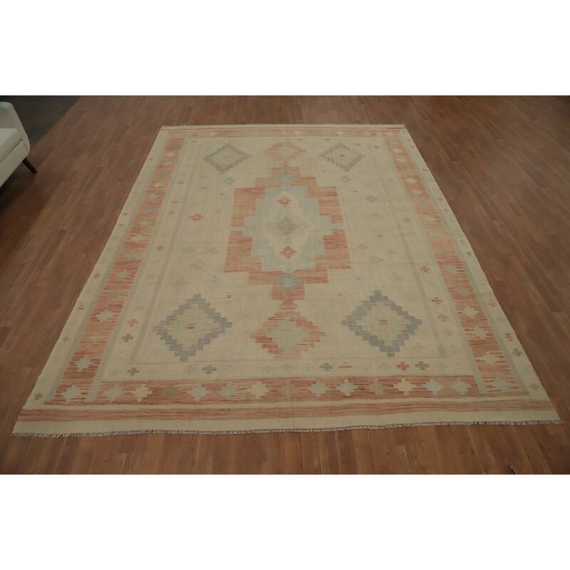 Hand Woven Oriental 100% Wool Carpet Southwestern Tribal Beige & Ivories Kilim Area Rug - 11' 9'' X 9' 0''