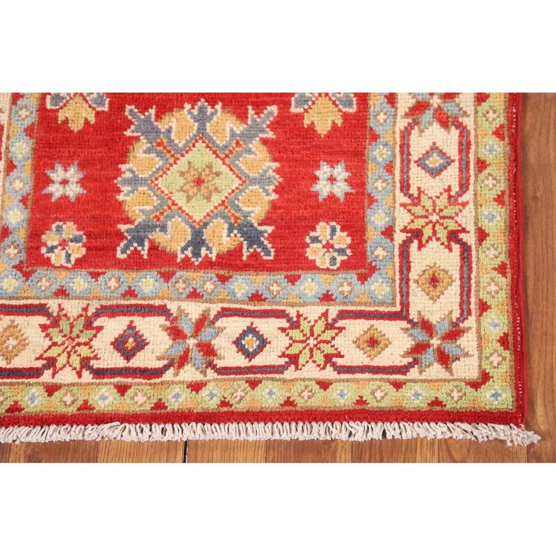 Geometric Red Kazak Oriental Runner Rug Hand-Knotted Wool Carpet - 2'2" x 6'3"
