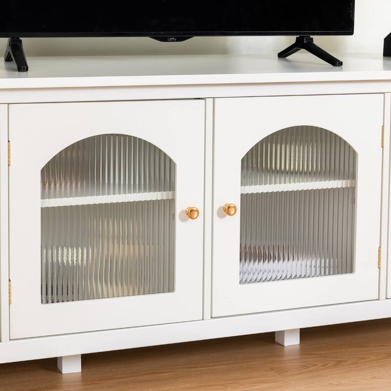 Modern TV Stand, Entertainment Center TV Stand with Solid Wood Frame and Rainbow Glass Door, for Living Room, Antique White