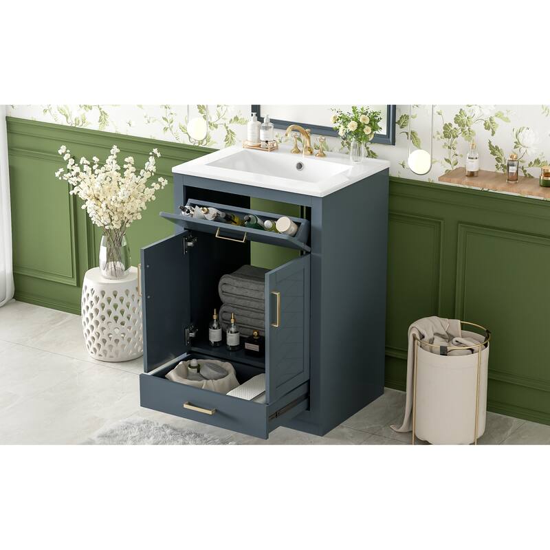 Roomfitters 24 Inch Bathroom Vanity with Integrated Ceramic Sink, Storage Cabinet & Tilt-Down Compartment