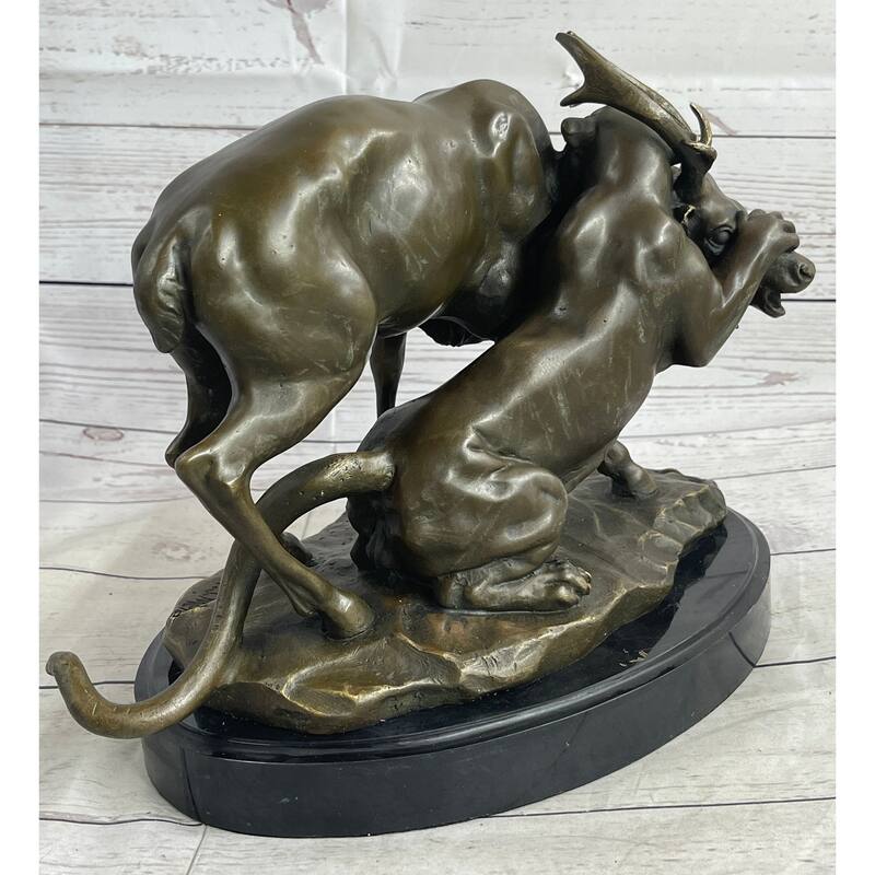 Mountain Lion Hunting Elk Deer By Pj Mene Bronze Statue Sculpture Wildlife Decor 11 Inchesx 13 Inches