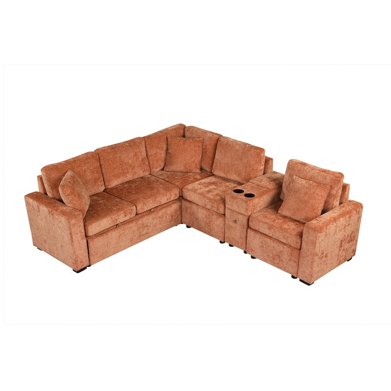 L-Shaped Modular Sectional Sofa with Pull-Out Bed, Chenille Convertible Sleeper Sofa Bed with Cup Holders & Multiple Storage