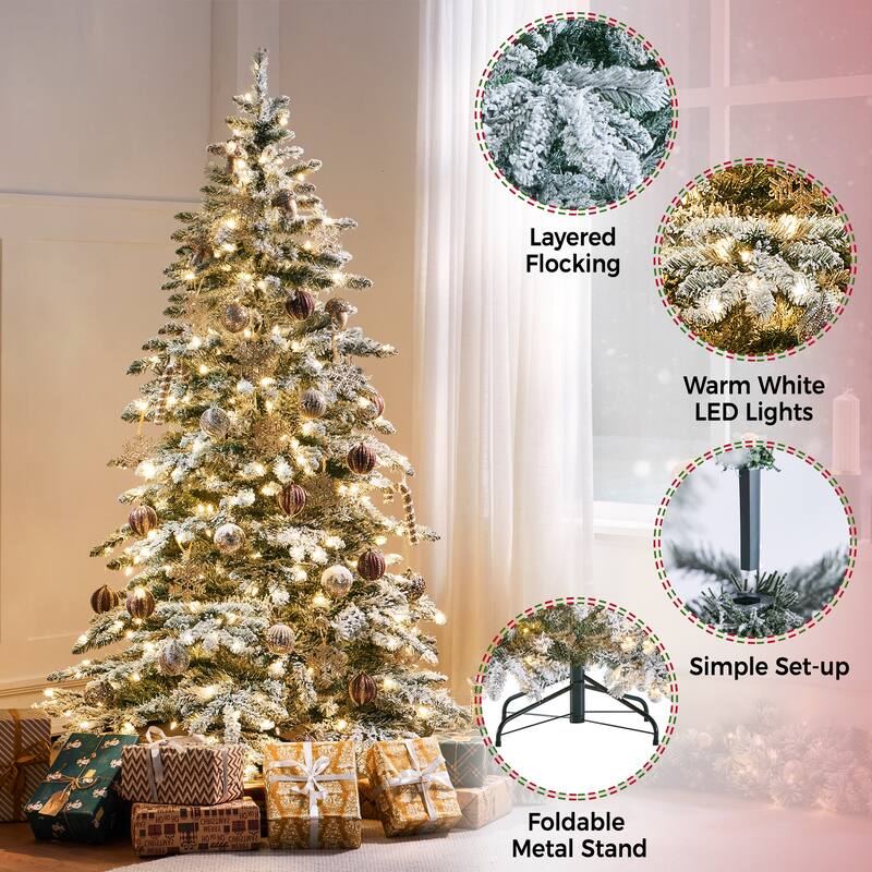 Yaheetech 6ft/7.5ft Pre-lit Snow Flocked Christmas Tree with 400 Warm LED Lights & 940 Tips, Green