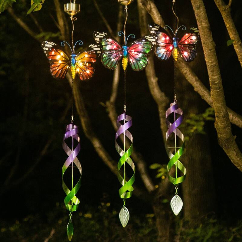 Adeco 3 Pcs Hanging Wind Mill Butterfly with Light - Multi - Metal/Glass