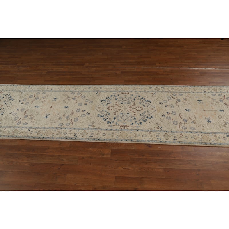 Hand Knotted Oriental 100% Wool Carpet Transitional All-Over Beige & Ivories Oushak Runner Rug - 12' 5'' X 3' 0''