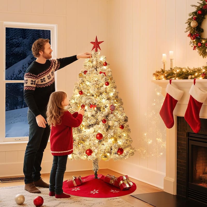 6FT Flocked Artificial Christmas Tree, Prelit with 250 Lights, 8 Light Modes, Easy On/Off Foot Pedal, Foldable Stand