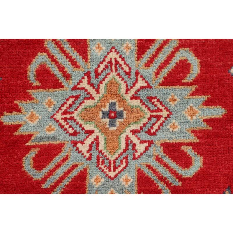 Geometric Red Kazak Foyer Rug Hand-Knotted Oriental Wool Carpet - 2'7" x 4'3"