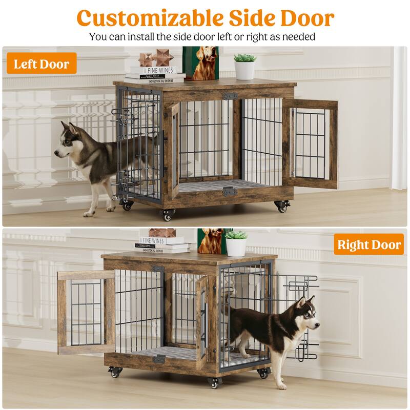 Dog Crate Indoor Heavy Duty Double Doors Wooden Dog Cage with Cushion
