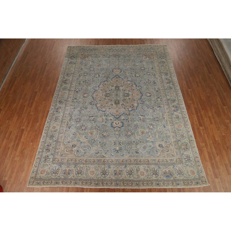 Blue Floral Medallion Tabriz Persian Area Rug Hand-Knotted Wool Carpet - 9'5"x 12'7"