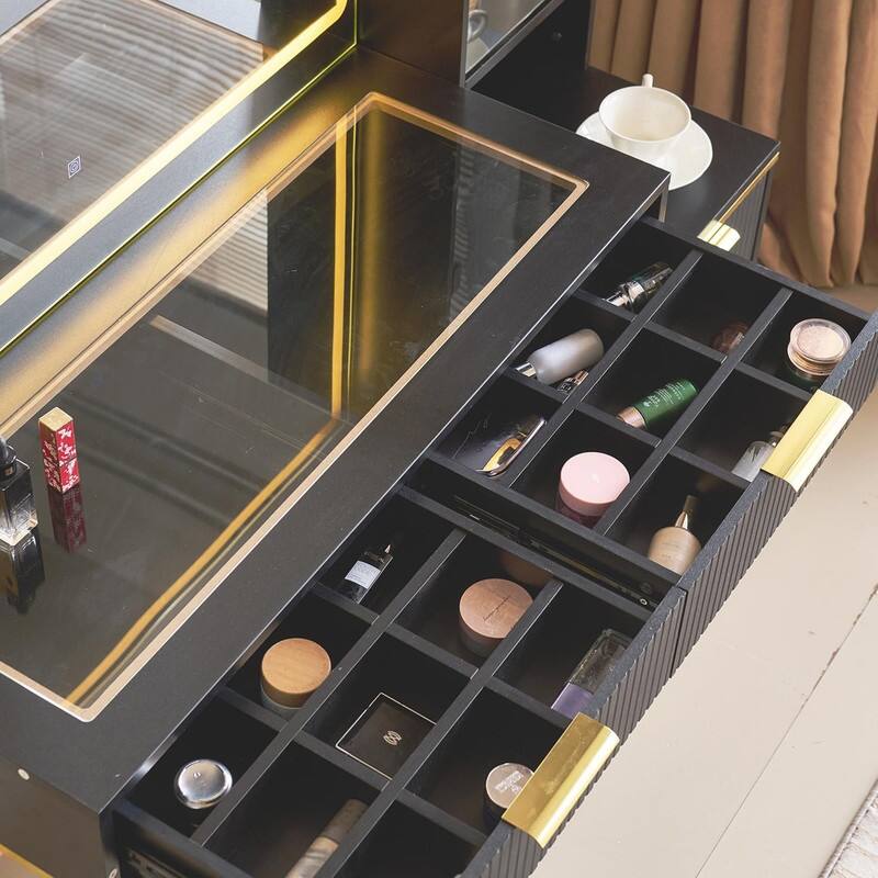 Fluted Makeup Vanity Desk with LED Lights & Outlet, 5 Drawers, 3 Light Modes