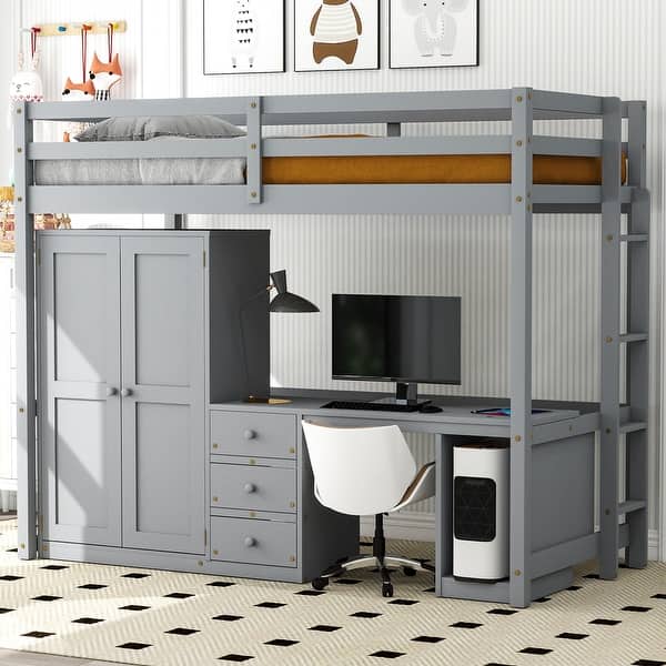 slide 2 of 32, Twin Size Loft Bed with Wardrobe, Desk, and Storage Drawers, Modern Space-Saving Design, Solid Pine Wood Frame, Grey Grey
