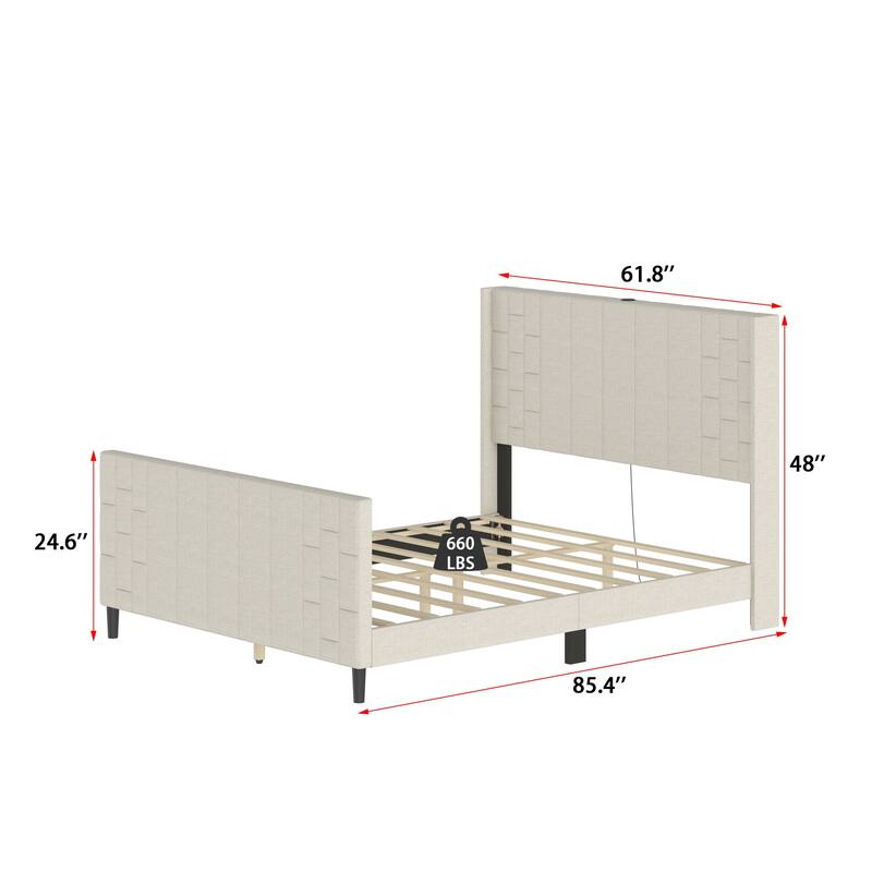 Upholstered Bed Frame with USB Port, Platform Bed with Headboard and Footboard Queen Size