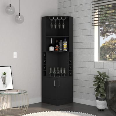 Cairo Beijing Corner Bar Cabinet with Glass Rack, Multiple Shelves, and 8 Wine Cubbies, Black