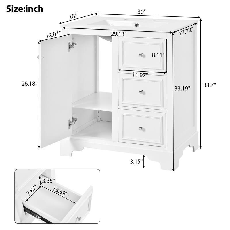 GDFStudio - Aster 30" Bathroom Vanity Cabinet with Basin, 3 Drawers & Adjustable Shelves