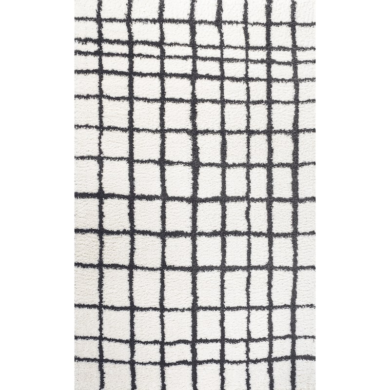 JONATHAN Y Cami Geometric Grid Shag Area Rug - 8 X 10 - White/Black
