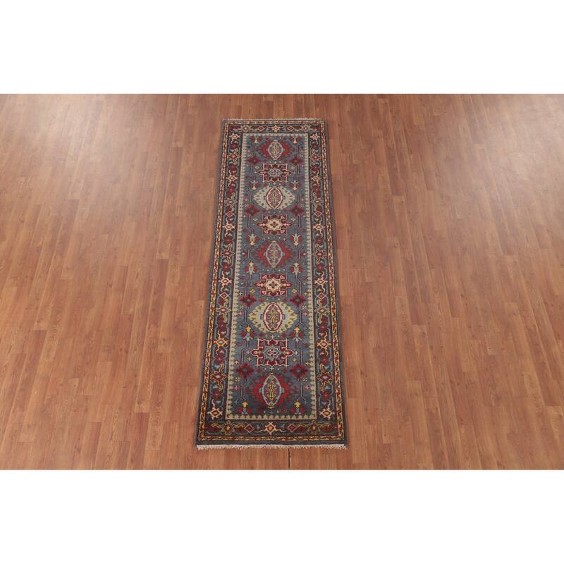 Geometric Kazak Runner Rug Handmade Blue Traditional Wool Carpet - 2'8"x 8'0"