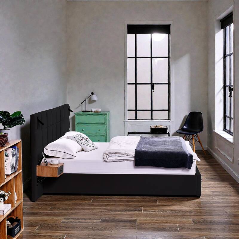 King Size Velvet Upholstered Hydraulic Storage Platform Bed with Shelves, Reading Lamps & USB Charging Port