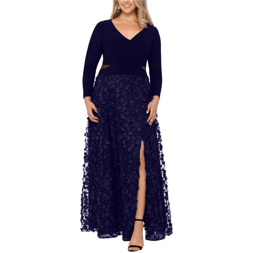 XSCAPE Womens 3-D Floral Applique Gown A-line Dress,, Blue, 16W - Overstock  - 41980364