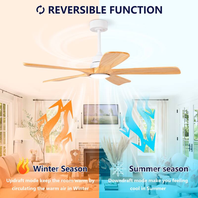 52 Inch Indoor Ceiling Fans With Lights and Remote Control, Dimmable LED, 5 Solid Wood Blades,Reversible DC Motor