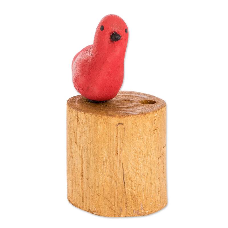 Novica Handmade Red Summer Tanager Wood Pencil Holder