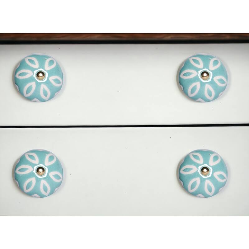 Set of 12 Ceramic Drawer Knobs Aqua White Round Cabinet Pulls with Gold Finish and Screws Included - 1.5” x 1.5” x 1.5”