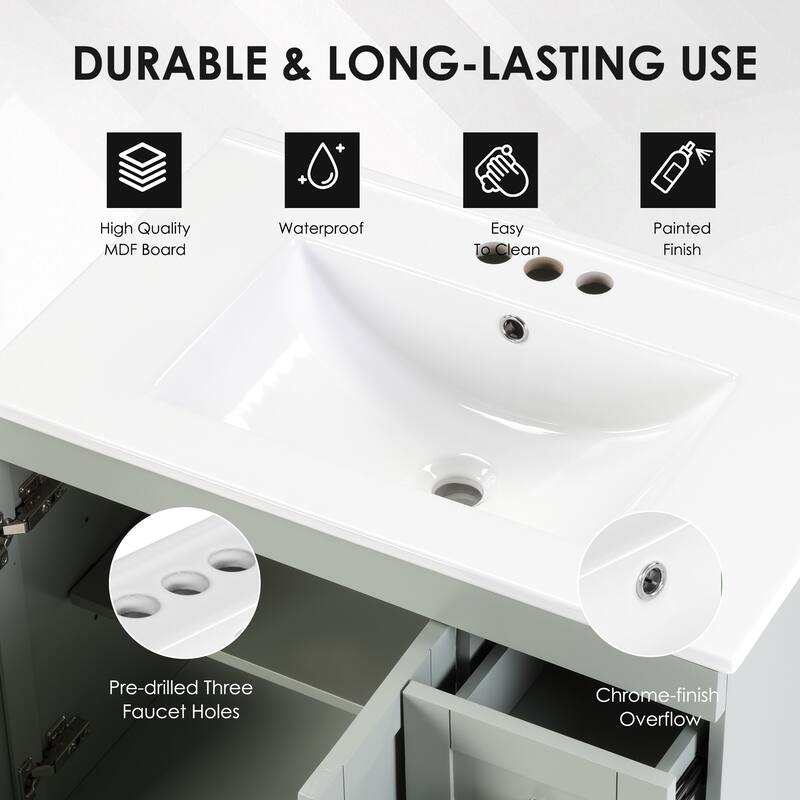 30" Bathroom Vanity with Ceramic Sink Solid Wood Frame Soft Close Drawers and Adjustable Storage Shelves