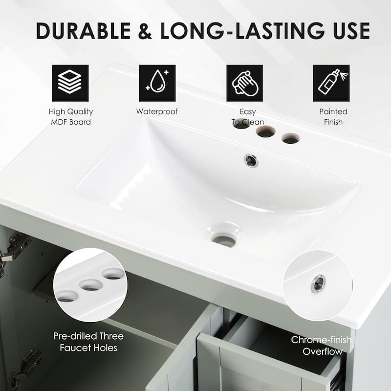 30" Blue Grey Bathroom Vanity with Ceramic Sink - Soft-Close Drawers, Solid Wood Frame, Multi-Organizer Storage