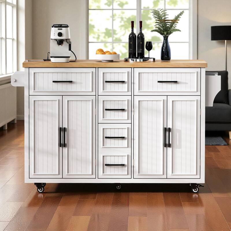 56.5" Farmhouse Kitchen Island with Drop Leaf & Power Outlet, Rolling Cart with 5 Drawers, 4 Doors, Adjustable Shelves & Wheels - White