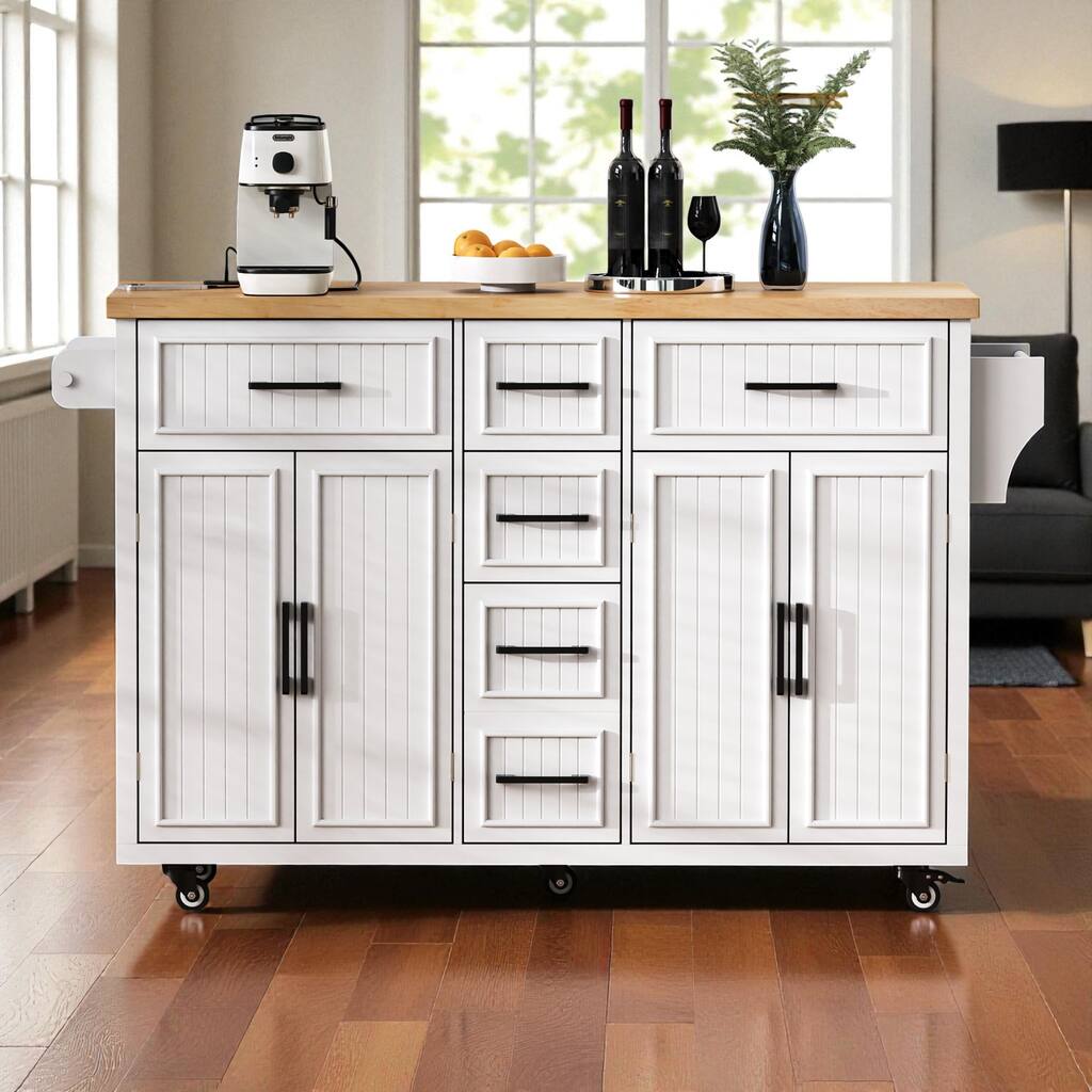 56.5" Farmhouse Kitchen Island with Drop Leaf & Power Outlet, Rolling Cart with 5 Drawers, 4 Doors, Adjustable Shelves & Wheels