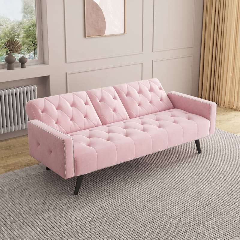 1730 Sofa Bed Armrest with Nail Head Trim with Two Cup Holders 72" Pink Velvet Sofa for Small Spaces - Pink